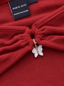 SHEIN MOD 前收褶鏤空短款T恤 - 紅色 - 查看 3