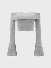 SHEIN MOD Solid Ribbed Knit Off The Shoulder Bell Sleeves Tee - Light Grey - View 1