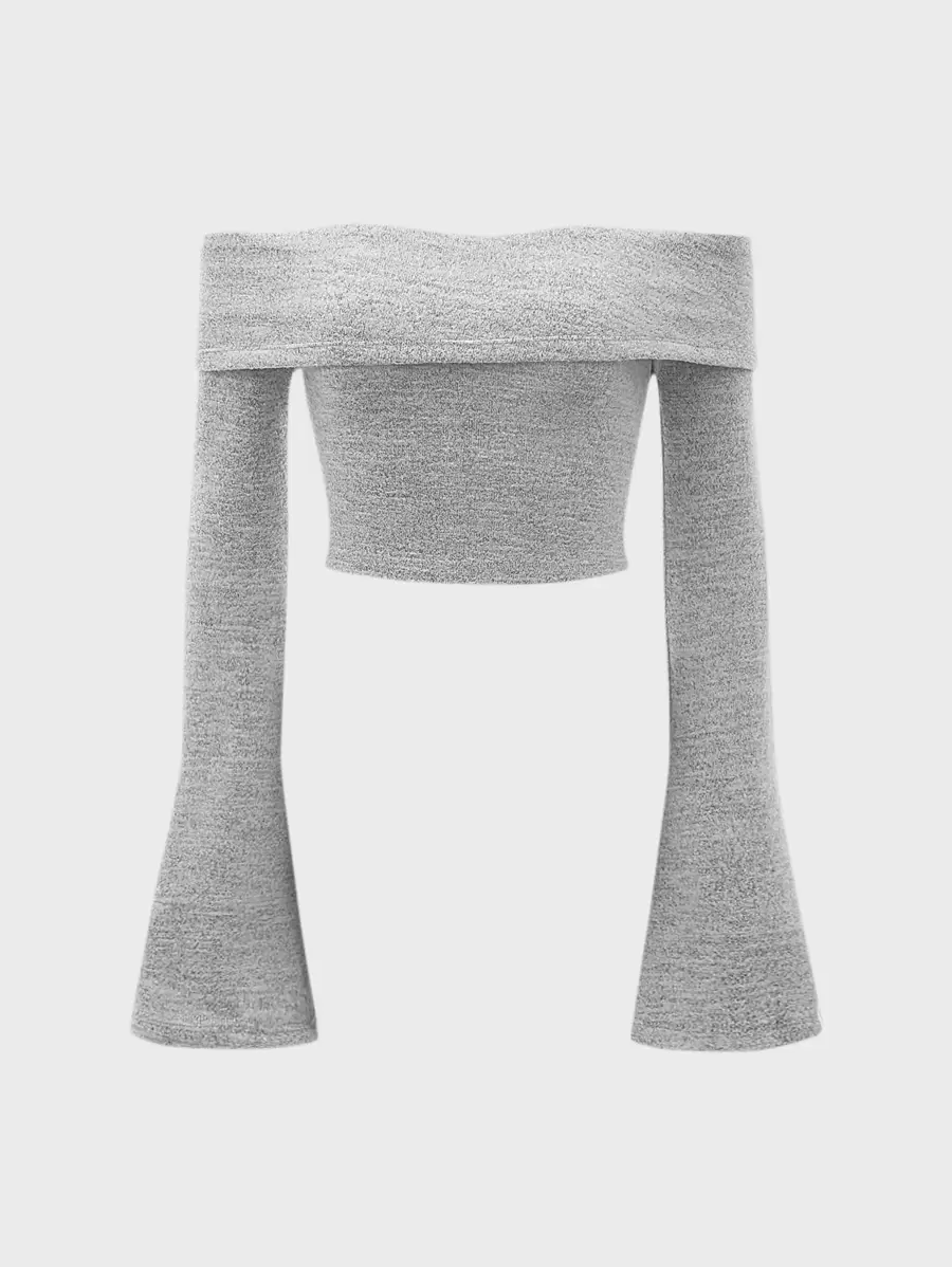 SHEIN MOD Solid Ribbed Knit Off The Shoulder Bell Sleeves Tee - Light Grey - View 1