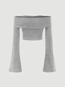 SHEIN MOD Solid Ribbed Knit Off The Shoulder Bell Sleeves Tee - Light Grey - View 2