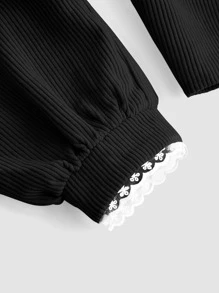 SHEIN MOD 雞心領口蕾絲邊泡泡袖緊身上衣襯衫 - 黑色 - 查看 4