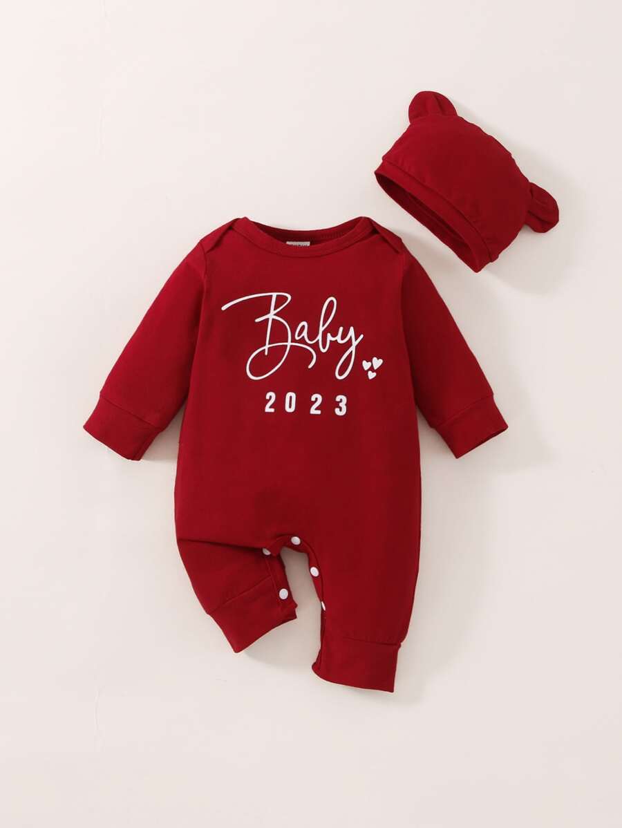 Newborn Baby Girl Letter Graphic Jumpsuit - Burgundy - View 1