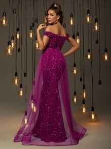 Off Shoulder Mesh Panel Sequin Formal Dress - Hot Pink - View 2