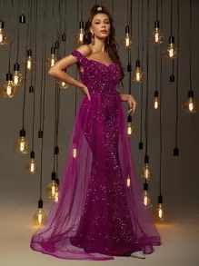 Off Shoulder Mesh Panel Sequin Formal Dress - Hot Pink - View 4
