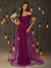 Off Shoulder Mesh Panel Sequin Formal Dress - Hot Pink - View 5