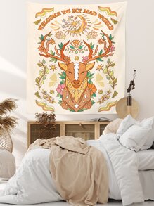 Elk & Slogan Graphic Tapestry - Multicolor - View 1