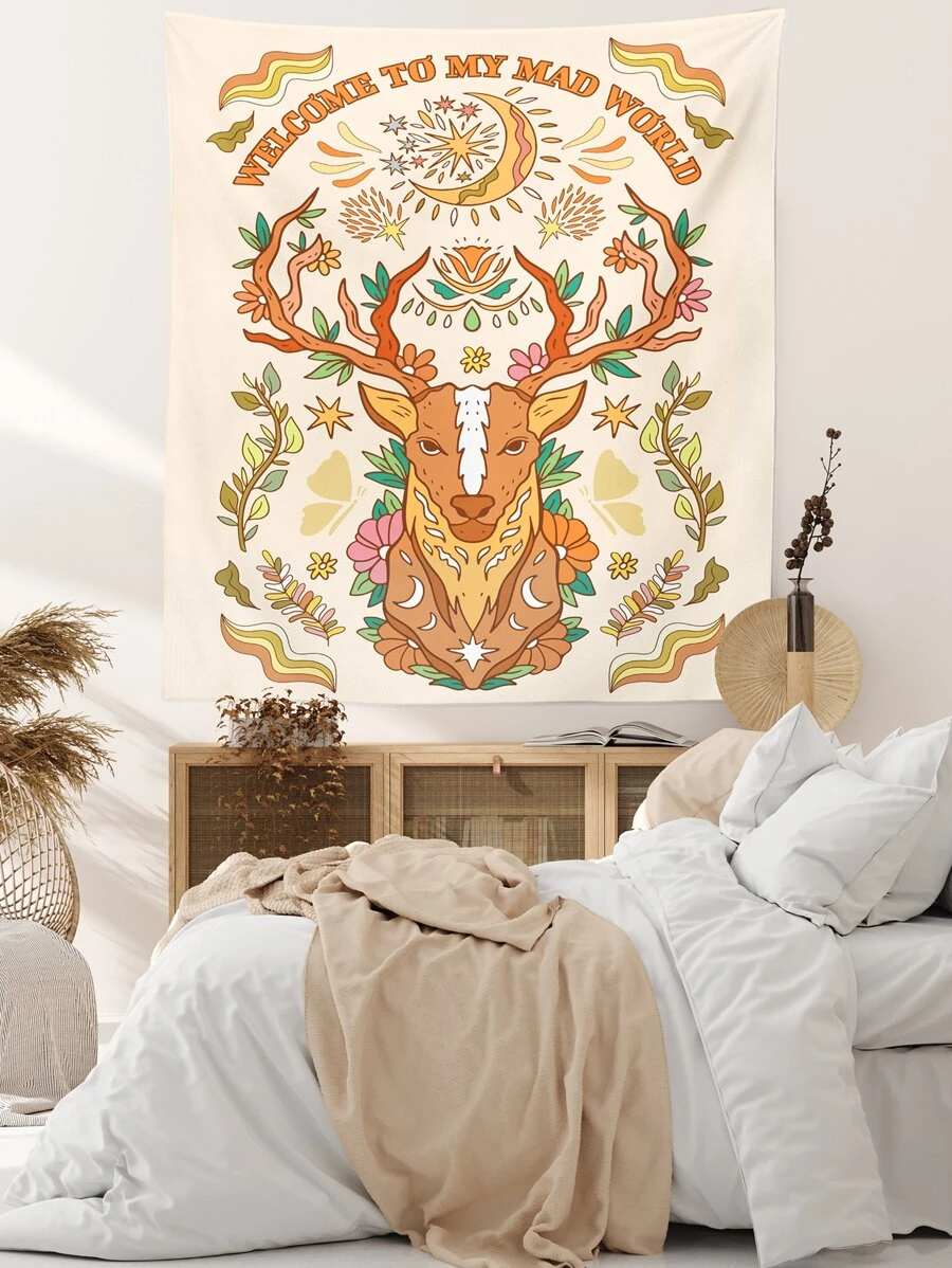 Elk & Slogan Graphic Tapestry - Multicolor - View 1