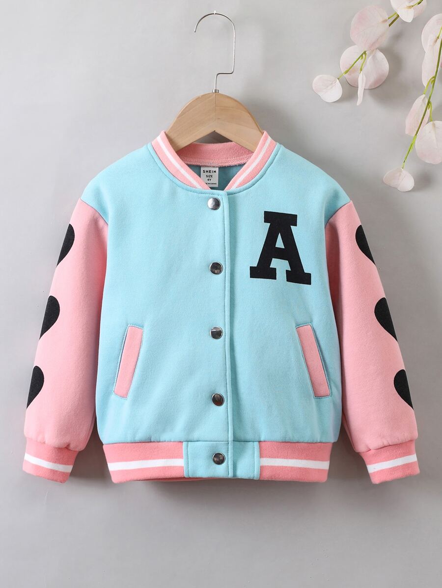 SHEIN 小女童愛心和字母圖案條紋飾邊加絨內裏夾克 - 藍色 - 查看 1