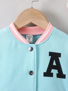 SHEIN 小女童愛心和字母圖案條紋飾邊加絨內裏夾克 - 藍色 - 查看 3