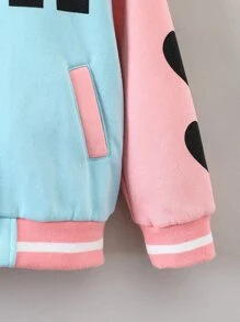 SHEIN 小女童愛心和字母圖案條紋飾邊加絨內裏夾克 - 藍色 - 查看 4