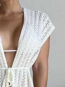 Hollow Out Tie Front Kimono - Beige - View 3