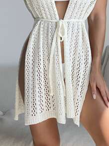 Hollow Out Tie Front Kimono - Beige - View 4