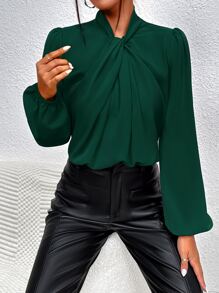 SHEIN Clasi Blusa girante delantero de manga farol - Verde Oscuro - Ver 4
