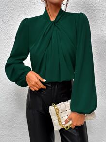 SHEIN Clasi Blusa girante delantero de manga farol - Verde Oscuro - Ver 5