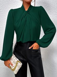SHEIN Clasi Blusa girante delantero de manga farol - Verde Oscuro - Ver 6