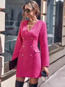 SHEIN Privé Double Breasted Surplice V Neck Dress - Hot Pink - View 1