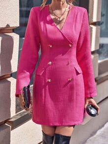 SHEIN Privé Double Breasted Surplice V Neck Dress - Hot Pink - View 6