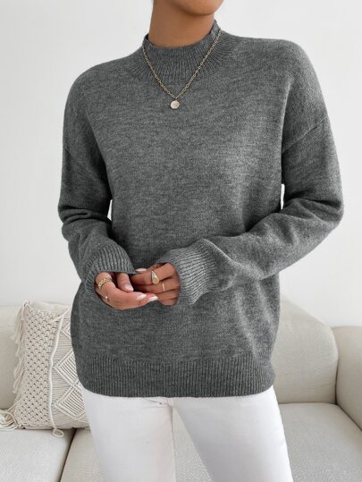 SHEIN LUNE Mock Hals Drop Shoulder Pullover, Damen Frühling/Herbst Lässig Langarm Regular Fit dunkelgrauer Drop Shoulder Pullover Damen Pullover, Langarm Tops Strick Pullover Herbst Winter Pullover
