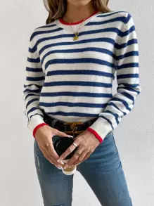 SHEIN LUNE Jersey de manga larga con patrón a rayas y acabado en contraste