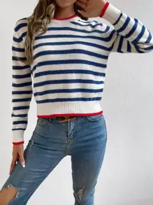 SHEIN LUNE Jersey de manga larga con patrón a rayas y acabado en contraste