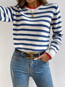 SHEIN LUNE Jersey de manga larga con patrón a rayas y acabado en contraste