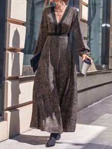 Allover Print Contrast Lace Lantern Sleeve Dress - Brown - View 1