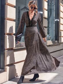 Allover Print Contrast Lace Lantern Sleeve Dress - Brown - View 3