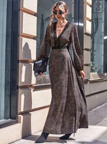 Allover Print Contrast Lace Lantern Sleeve Dress - Brown - View 4