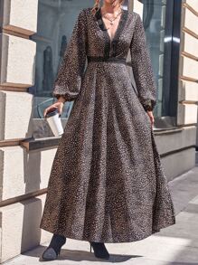 Allover Print Contrast Lace Lantern Sleeve Dress - Brown - View 5