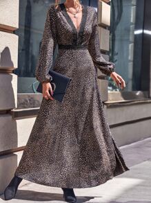 Allover Print Contrast Lace Lantern Sleeve Dress - Brown - View 6