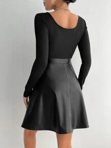 SHEIN PETITE Scoop Neck PU Leather Dress - Black - View 2