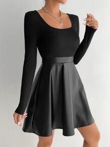 SHEIN PETITE Scoop Neck PU Leather Dress - Black - View 3