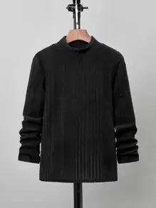 SHEIN Áo thun cổ cao gân sọc cho bé trai tuổi teen, đơn giản và thoải mái cho những ngày xuân và thu. - màu đen - Xem 1