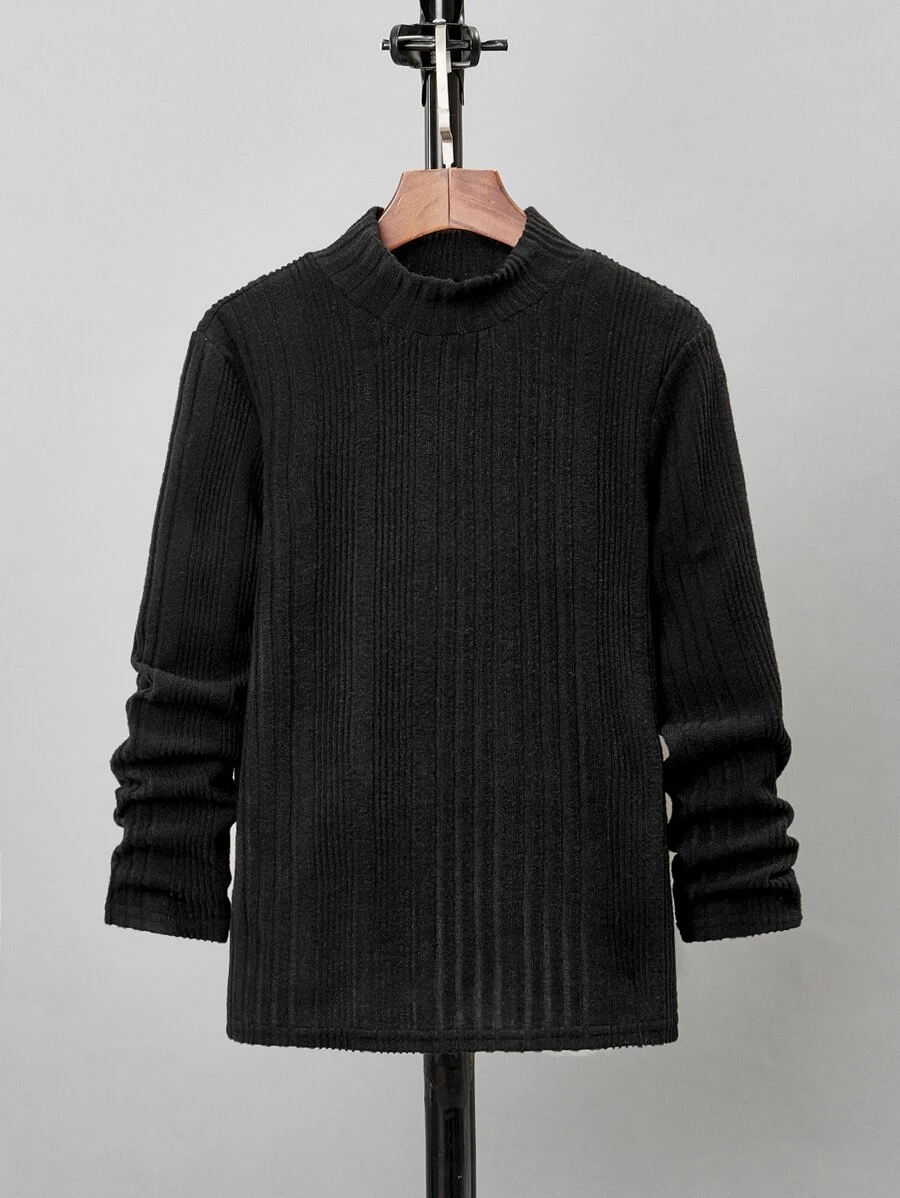 SHEIN Áo thun cổ cao gân sọc cho bé trai tuổi teen, đơn giản và thoải mái cho những ngày xuân và thu. - màu đen - Xem 1