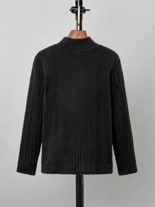 SHEIN Áo thun cổ cao gân sọc cho bé trai tuổi teen, đơn giản và thoải mái cho những ngày xuân và thu. - màu đen - Xem 2