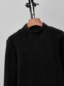 SHEIN Áo thun cổ cao gân sọc cho bé trai tuổi teen, đơn giản và thoải mái cho những ngày xuân và thu. - màu đen - Xem 3