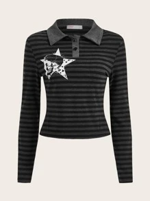 ROMWE 骷髅頭圖案條紋圖案POLO領T恤 - 彩色 - 查看 1