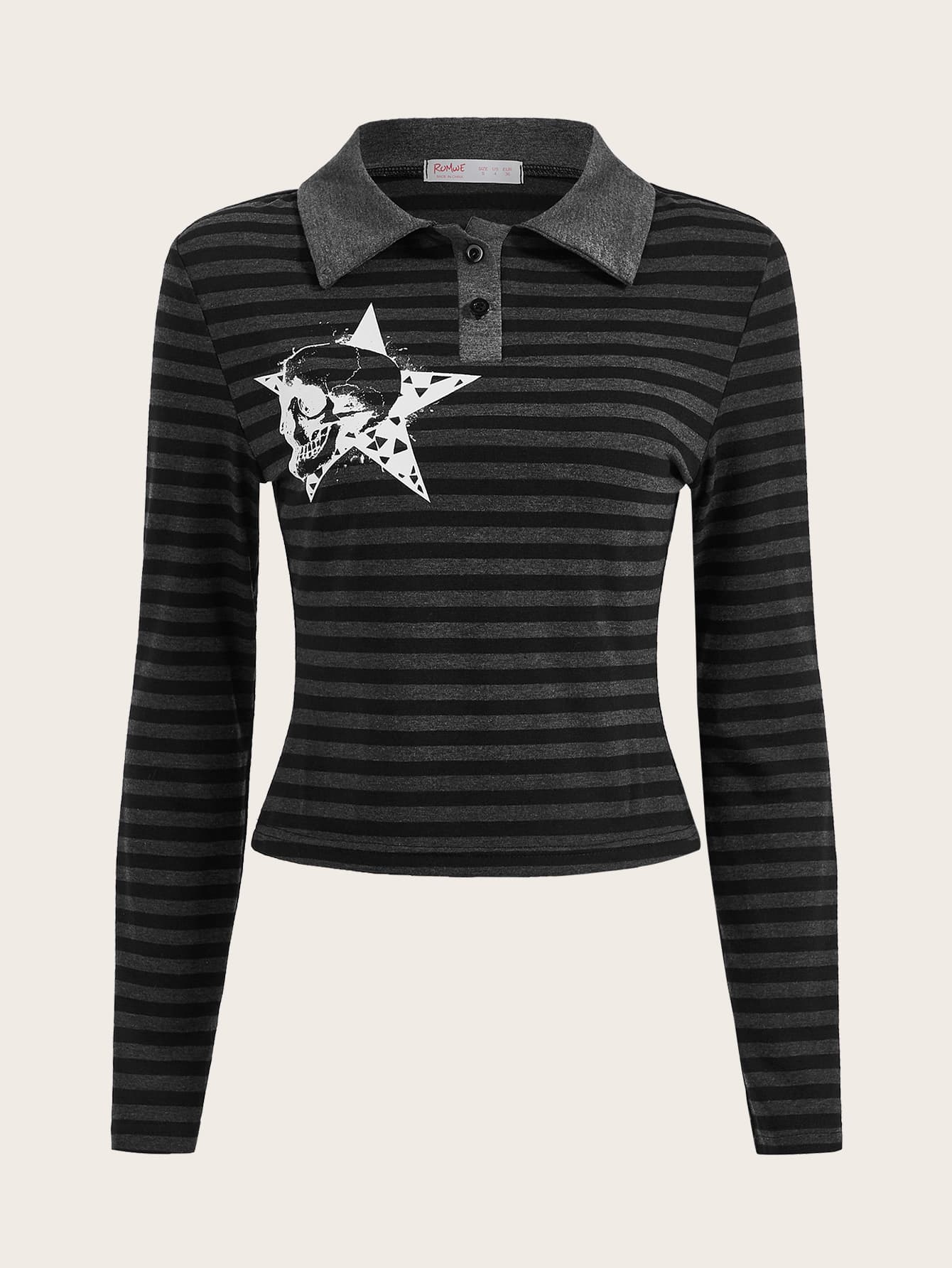ROMWE 骷髅頭圖案條紋圖案POLO領T恤 - 彩色 - 查看 1