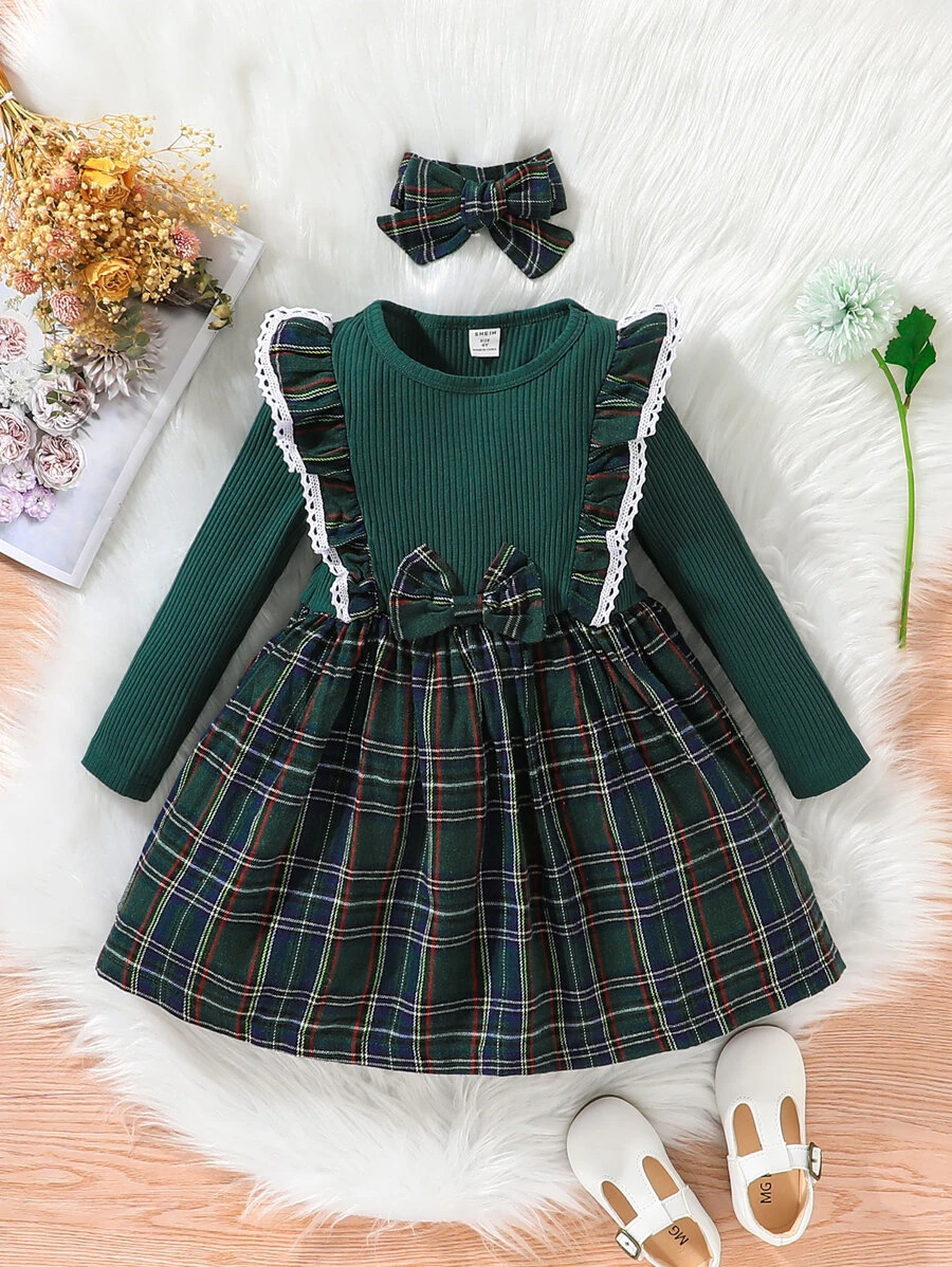 Toddler Girls Tartan Print Ruffle Trim Bow Front Dress - Multicolor - View 1
