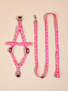 Bộ dây xích và dây đai 2 mảnh in hình xương cho thú cưng - Hồng - Xem 1