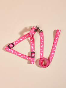 Bộ dây xích và dây đai 2 mảnh in hình xương cho thú cưng - Hồng - Xem 3
