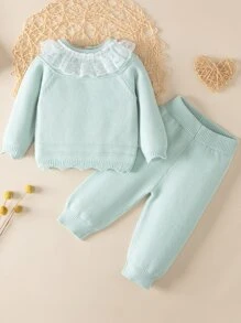 Baby Contrast Lace Scallop Trim Raglan Sleeve Jumper & Knit Trousers - Mint Green - View 1