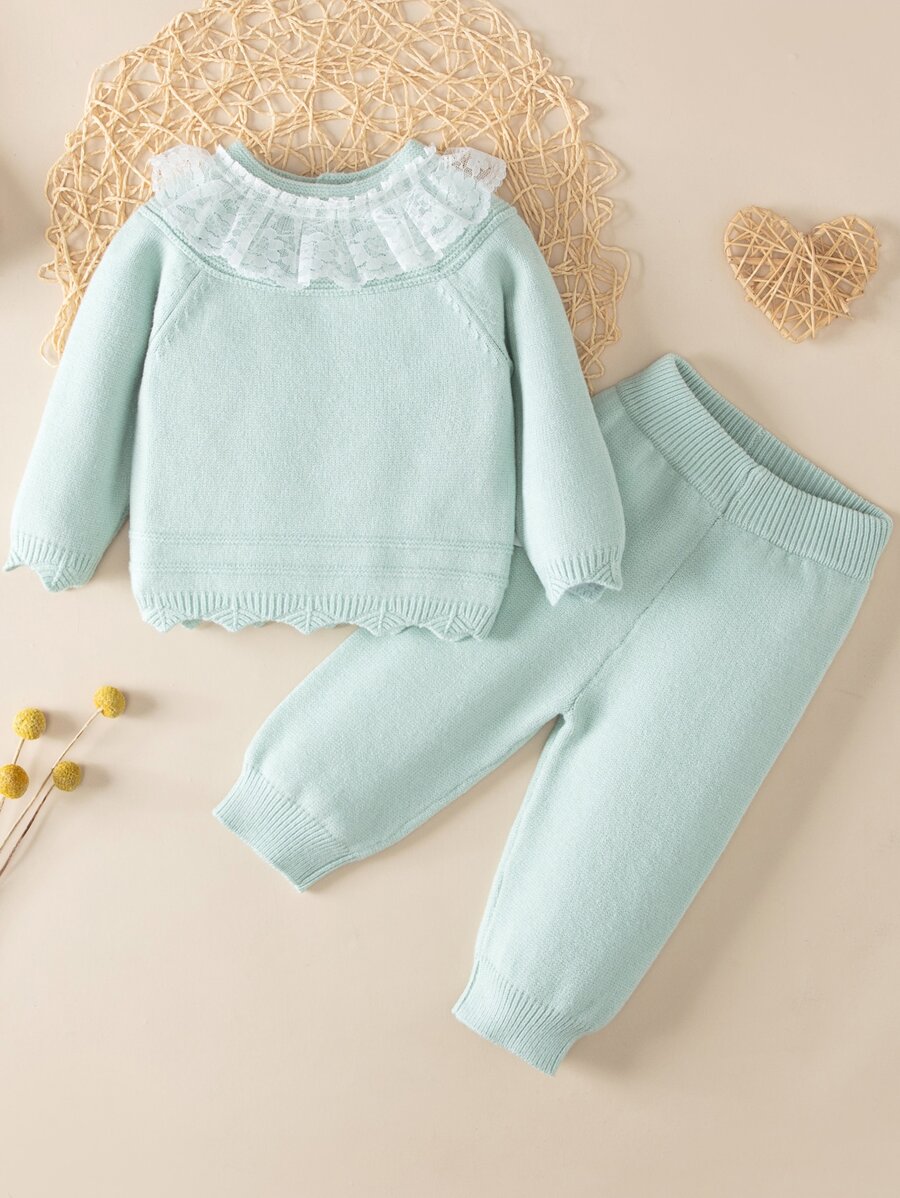 Baby Contrast Lace Scallop Trim Raglan Sleeve Jumper & Knit Trousers - Mint Green - View 1