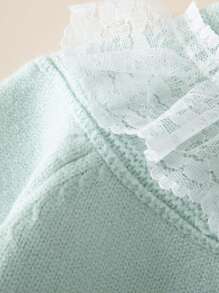 Baby Contrast Lace Scallop Trim Raglan Sleeve Jumper & Knit Trousers - Mint Green - View 3