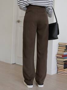 DAZY High Waist Plicated Detail Straight Leg Trousers - Coffee Brown - View 2