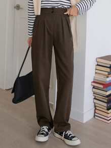 DAZY High Waist Plicated Detail Straight Leg Trousers - Coffee Brown - View 3