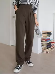 DAZY High Waist Plicated Detail Straight Leg Trousers - Coffee Brown - View 5