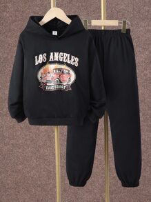 Girls Letter And Motorcycle Print Hoodie & Joggers - Black - View 1