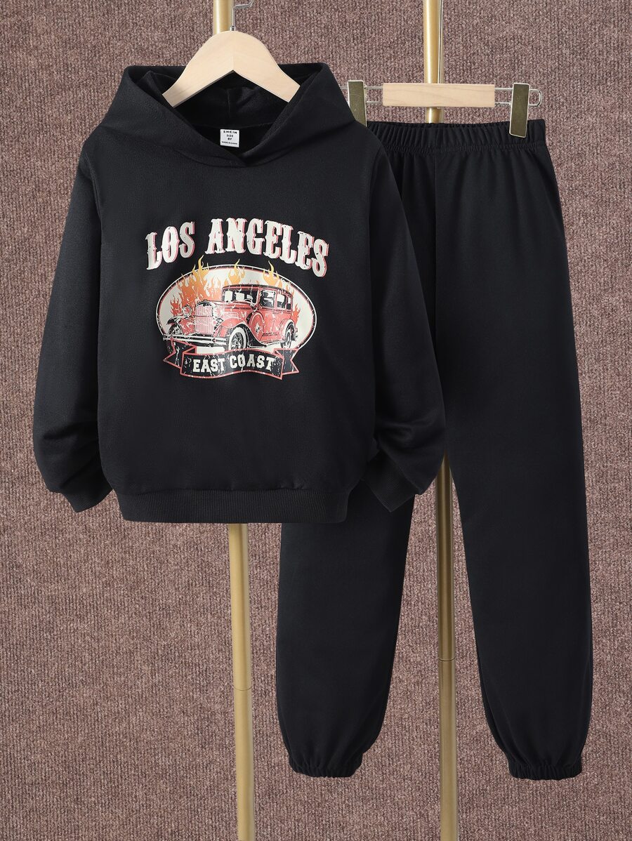 Girls Letter And Motorcycle Print Hoodie & Joggers - Black - View 1