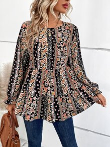 SHEIN LUNE 佩斯利印花荷葉袖荷葉邊下擺襯衫 - 彩色 - 查看 1